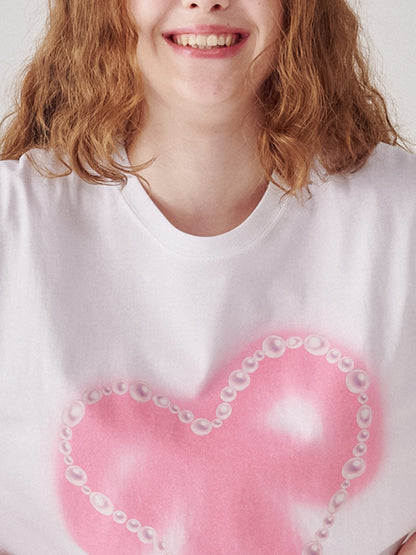 Women's Pearl Heart Ribbon Over Fit T-shirt