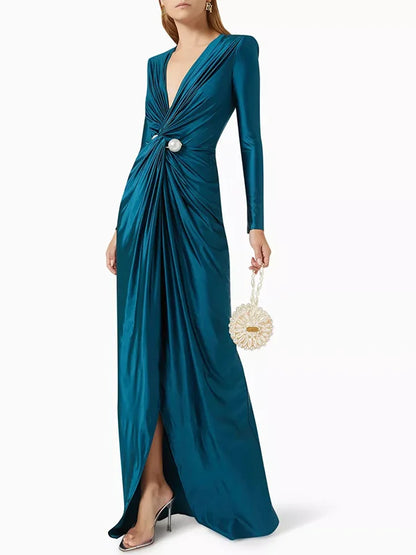 Women's V Neck Fashion Pleated Waist Evening Dress