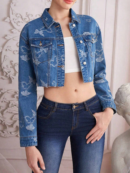 New Autumn Butterfly Print Ladies Retro Short Denim Jacket.