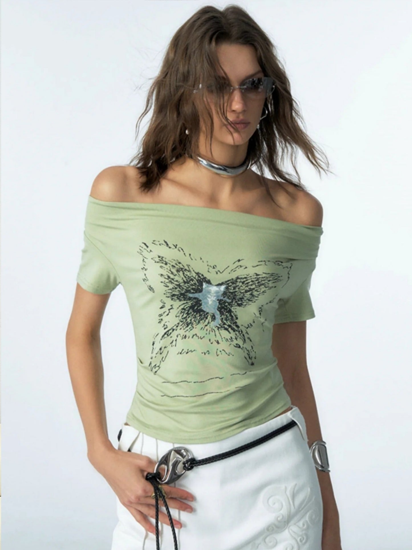 New Women's Butterfly Print Off Shoulder Top