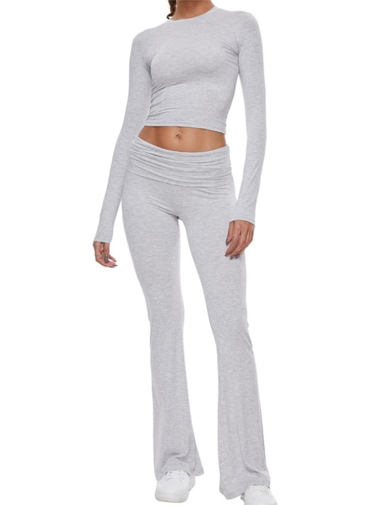 Women Pants Suit, Long Sleeve Crew Neck T-shirt with Flare Pants