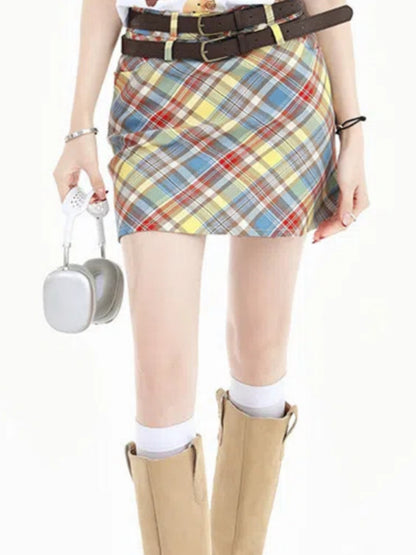 Women's Sweet Style Colorful Plaid High Waist Slim Fit Dopamine Skirt