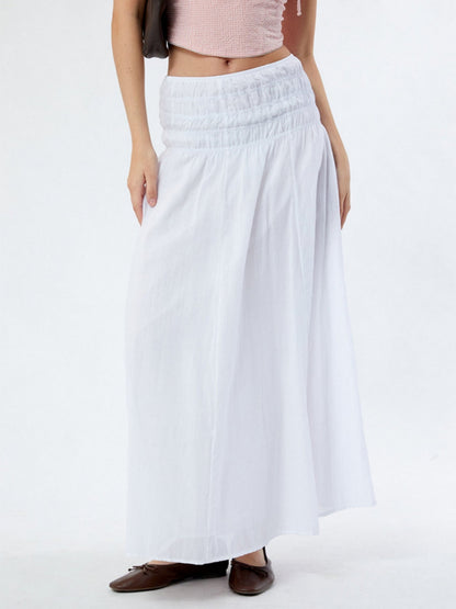 Women's Pleated Waist White Solid Color Long Skirt