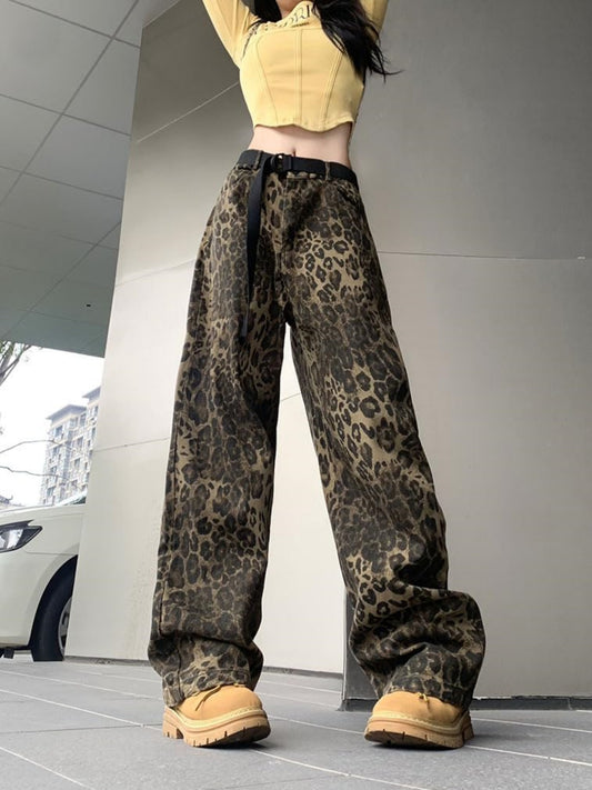 Women's Leopard Print Straight Trousers with Belt