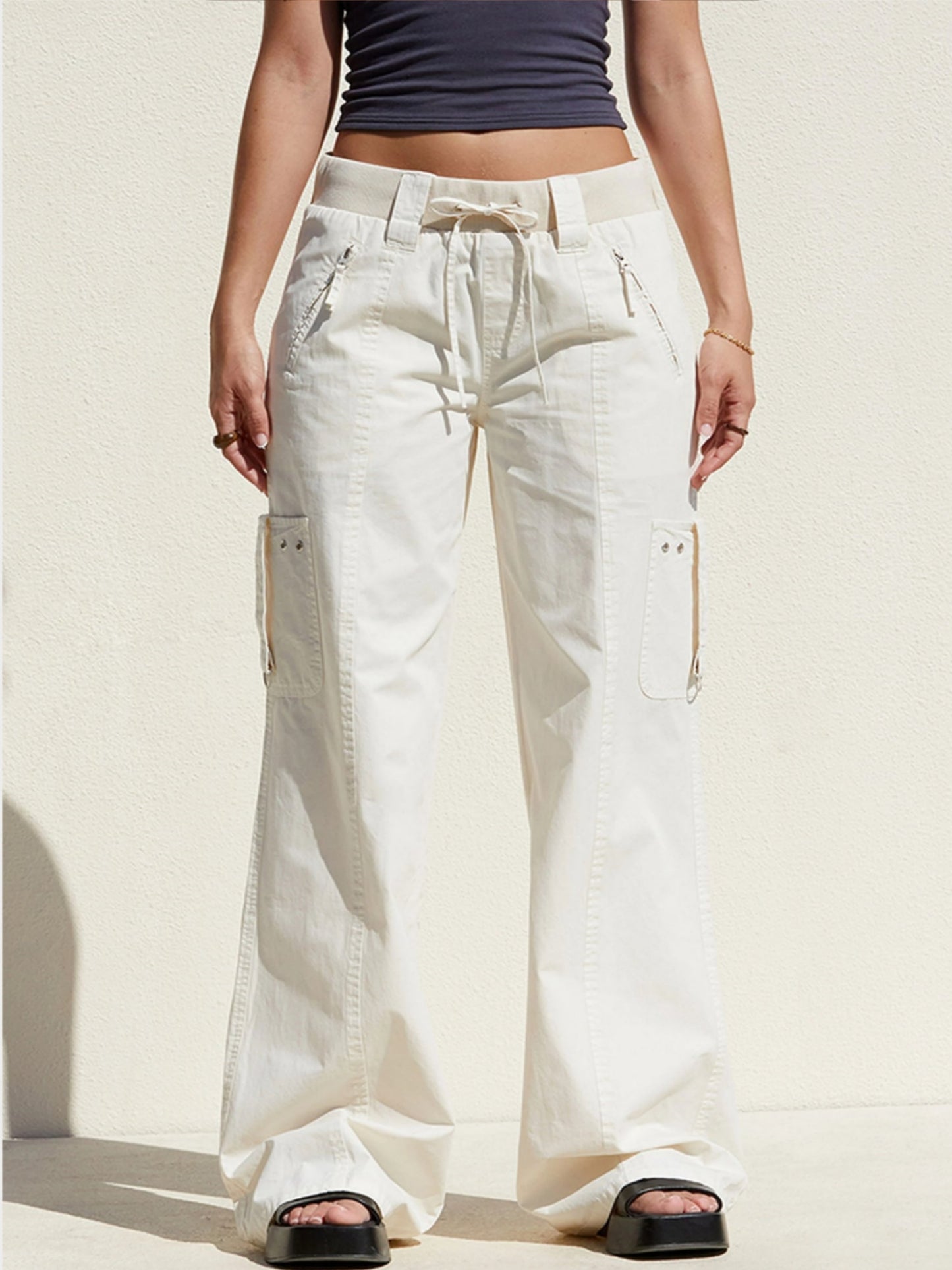 Women's White Drawstring Cargo Jeans