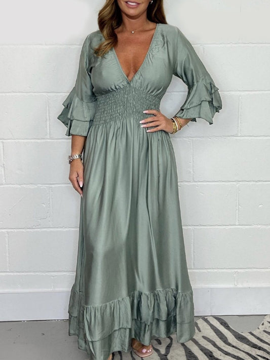 Women Solid Color V-neck Ruffle Satin Maxi Dress