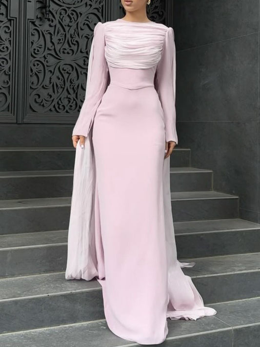 50%OFF||Fashionable Pleated Long Sleeve Satin New Solid Color Dress