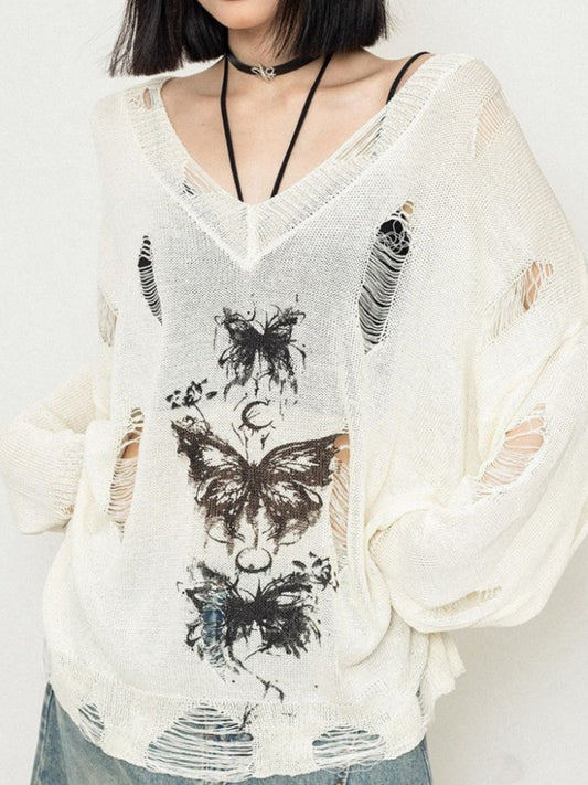 Y2K Dark Lazy Style Knitted Sweater Hollow Print Hole Design Long Sleeve Knitted Cardigan Loose Sweater