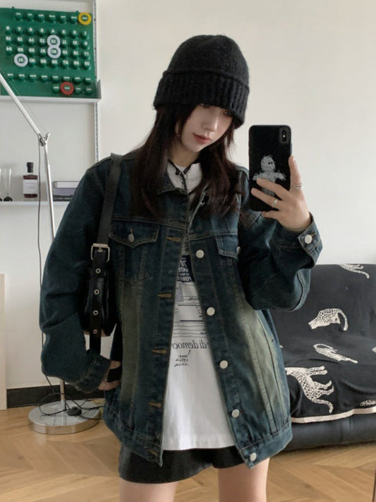 Retro Distressed Denim Jacket For Women New Design Loose Mid-Length Long-Sleeved Top Trendy.