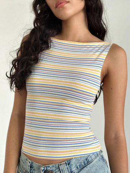 Women Cropped Tank Tops Casual Summer Striped Print Sleeveless Shirt