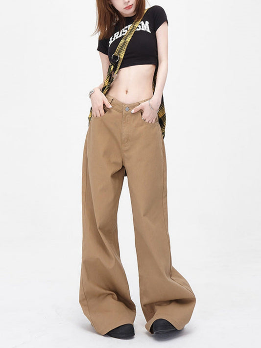 Women's Brown High Waist Button Straight Wide Leg Pants