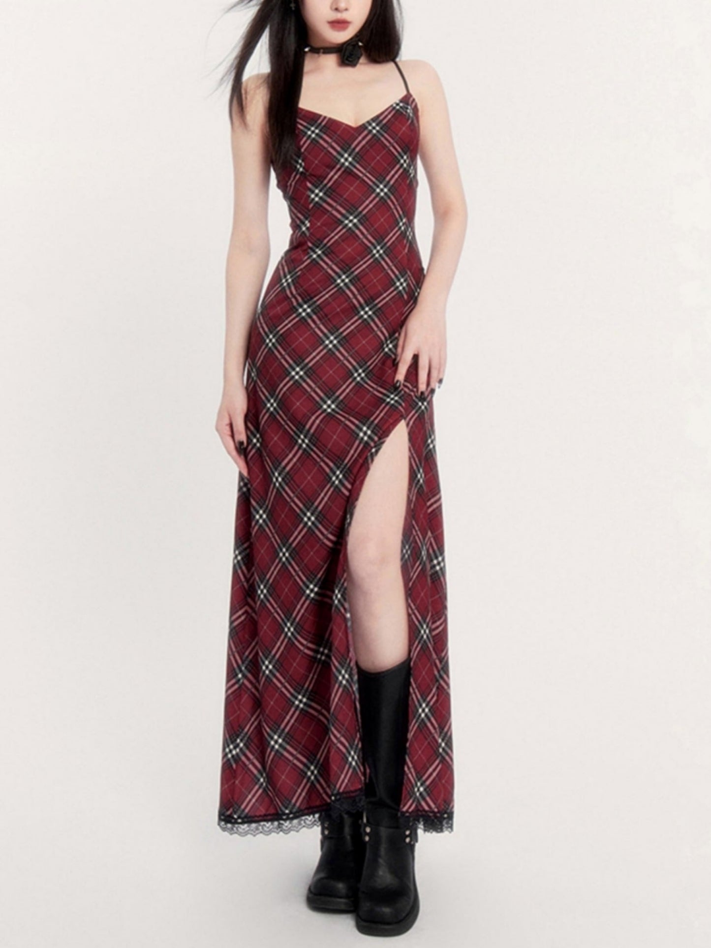 Retro Red Plaid High-end Sling Waist Hip Long Skirt