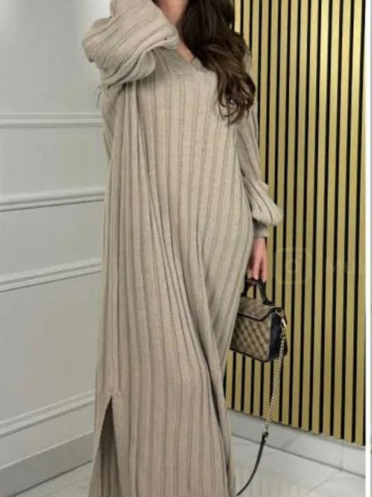 Knitted V - Neck Long Ribbed Double Slit Dress