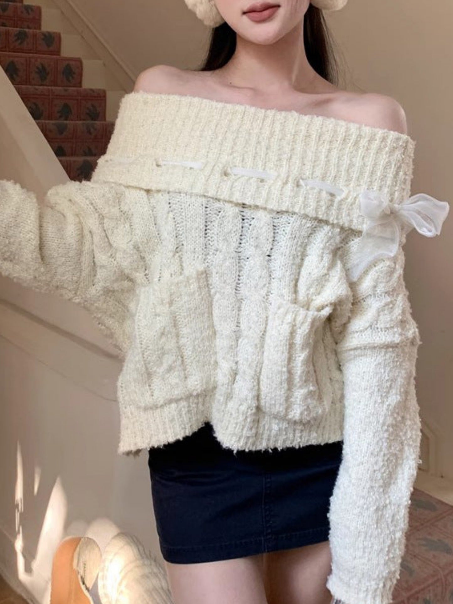 White One Shoulder Sweater Women's Autumn and Winter Lazy Style Loose Slim Twisted Medium and Long Knitted Coat Knitted Sweater