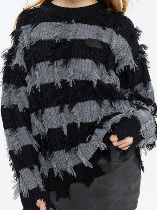 New Autumn And Winter Lazy Style Loose Tassel Sweater Women's Top Striped Round Neck