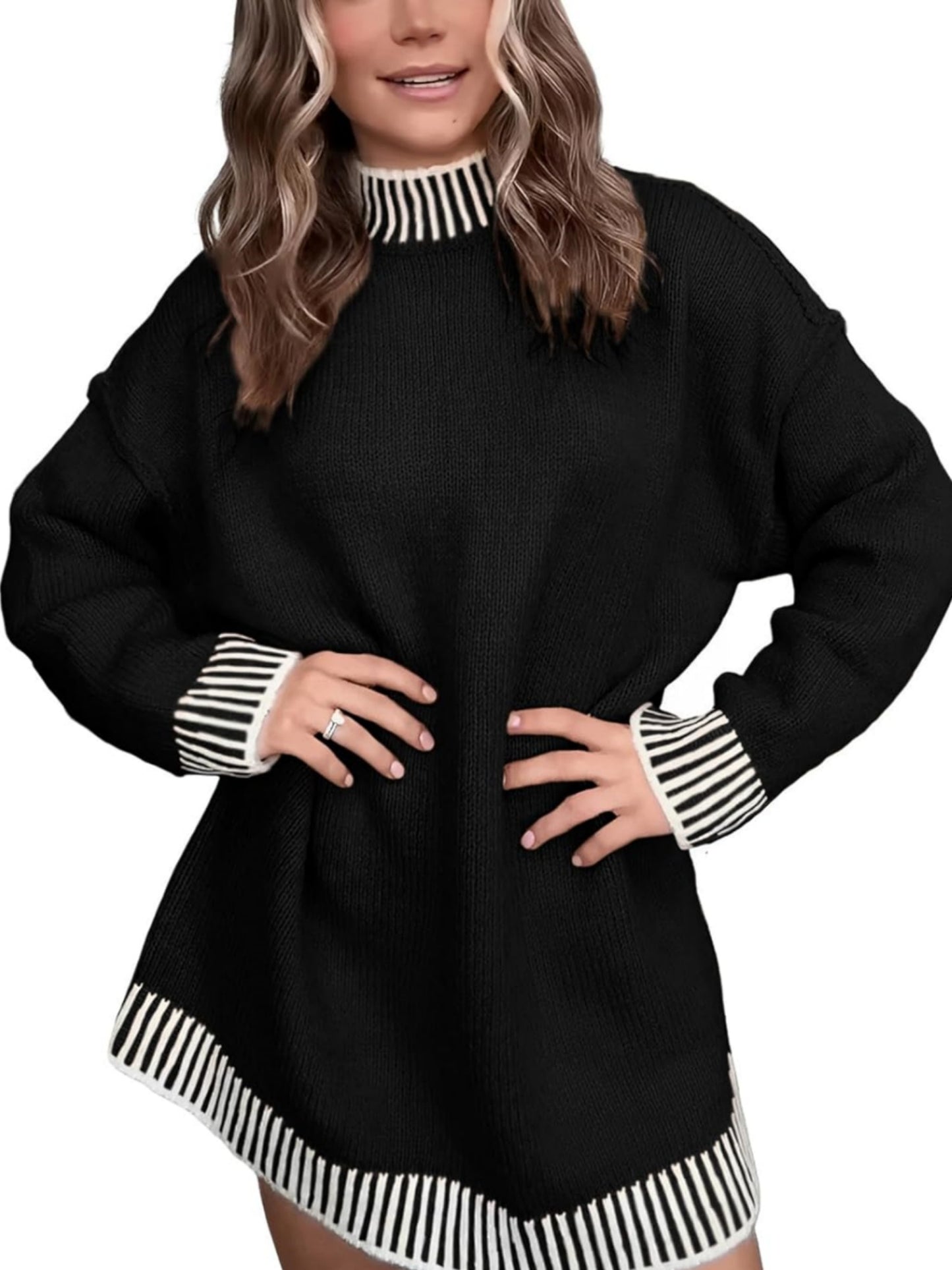 Autumn And Winter Women's Casual Contrast Color Stitching Sweater Dress