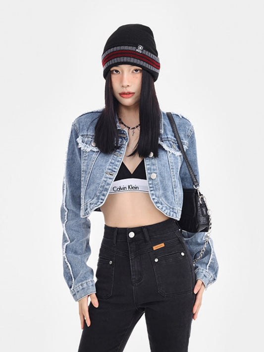 Versatile Women's Short Tops, Slim Fit, Retro High Waist, Slimming Denim Jacket.