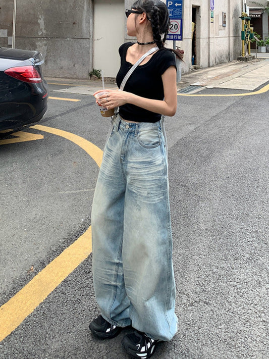 Retro Washed Distressed lLoose Wide-leg Pants High Waist Straight Leg Women's Pants