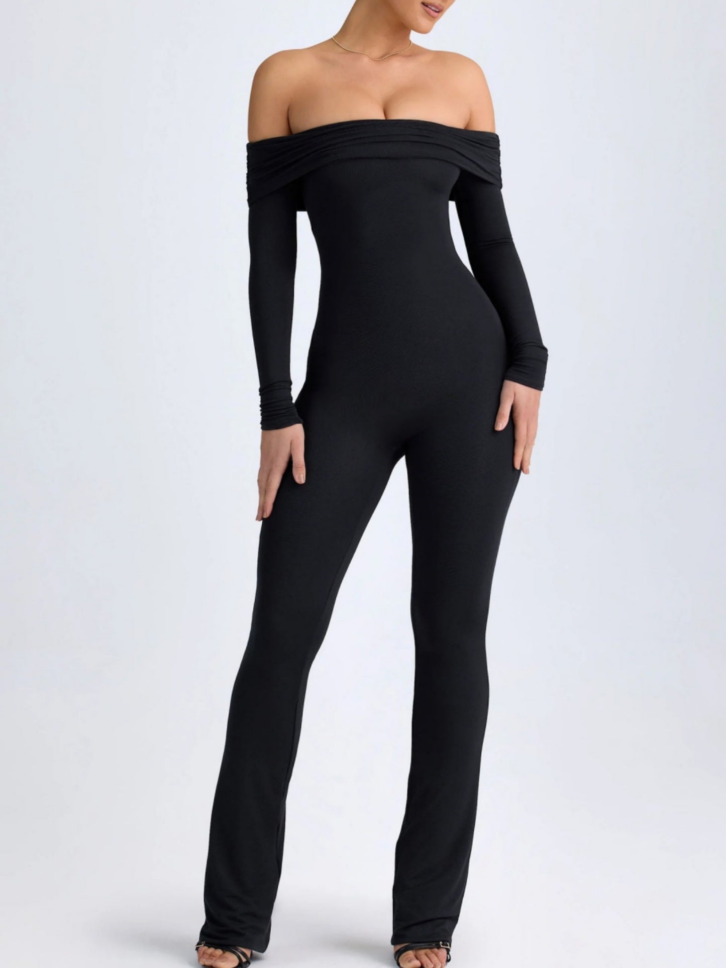 AGNESA MODAL OFF - SHOULDER RUCHED JUMPSUIT IN BLACK