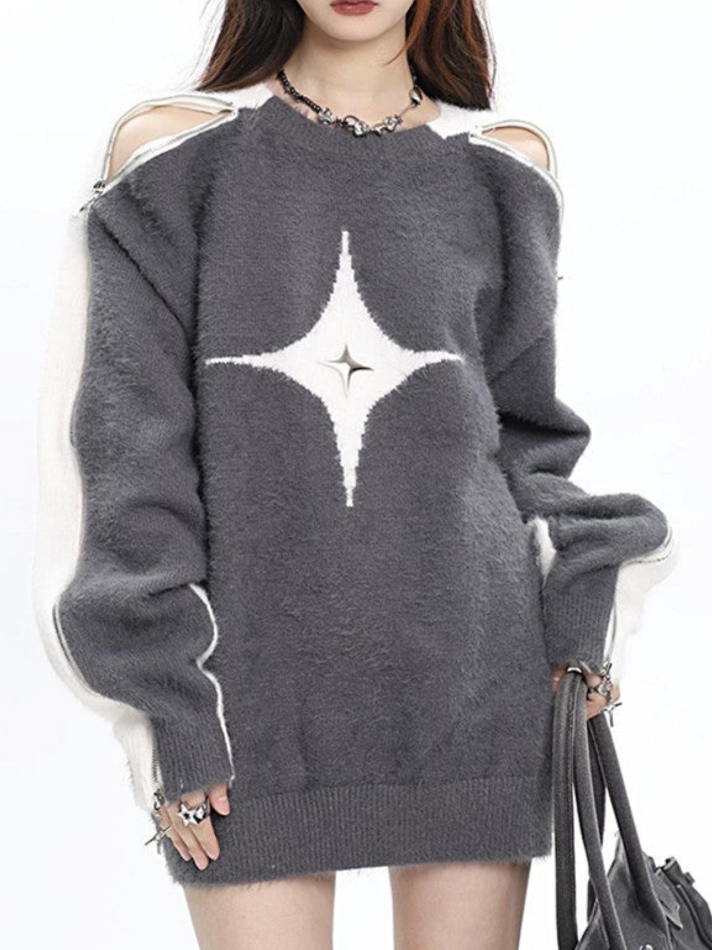 New Autumn and Winter Contrast Color Hollow Star Design Hot Girl One-Shoulder Sweater for Women