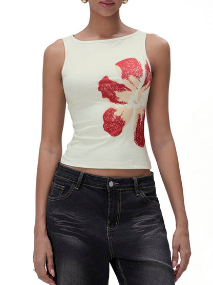 Womens Crop Tank Tops Fitted Flower Print Boat Neck Sleeveless Tops