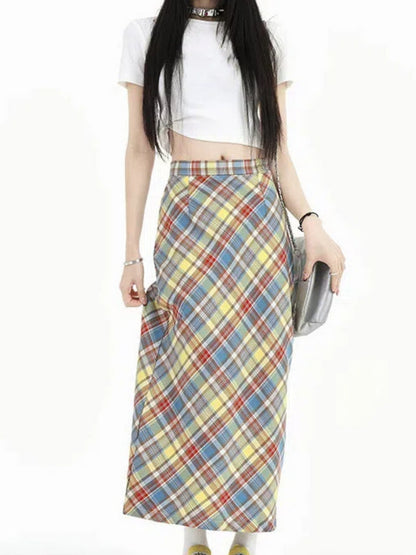 Women's Sweet Style Colorful Plaid High Waist Slim Fit Dopamine Long Skirt