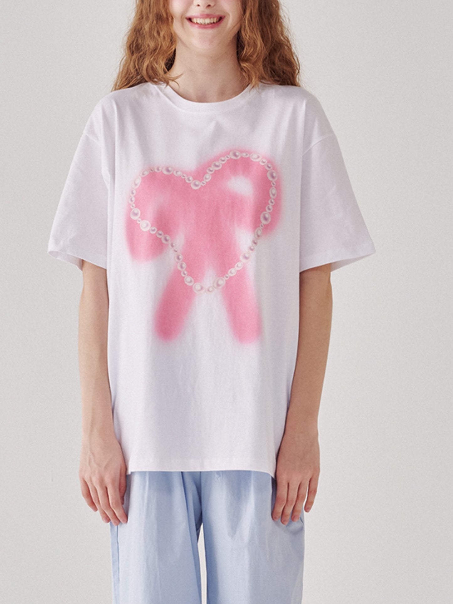 Women's Pearl Heart Ribbon Over Fit T-shirt