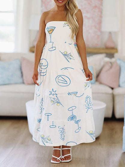 Women's Strapless Long Dress Cocktail Glass Print Tie Bow Dress