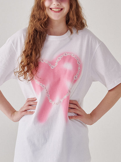 Women's Pearl Heart Ribbon Over Fit T-shirt