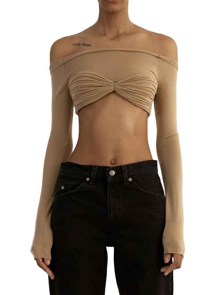 Women's Off Shoulder Crop Tops, Long Sleeve Ruched Bust T-Shirts