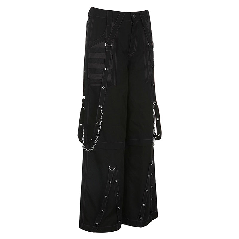 Retro Dark Style Cool Ribbon Chain Casual Pants Contrast Striped Mesh Splicing Wide Leg Pants