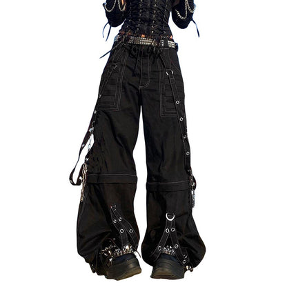 Retro Dark Style Cool Ribbon Chain Casual Pants Contrast Striped Mesh Splicing Wide Leg Pants