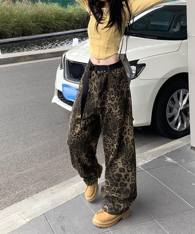 Women's Leopard Print Straight Trousers with Belt