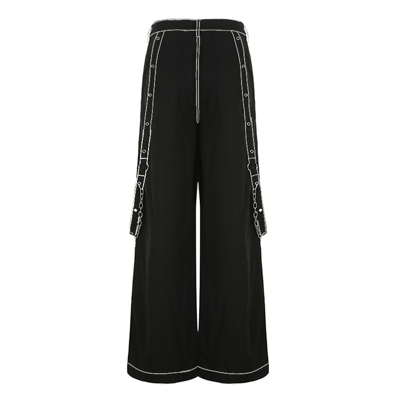 Retro Dark Style Cool Ribbon Chain Casual Pants Contrast Striped Mesh Splicing Wide Leg Pants