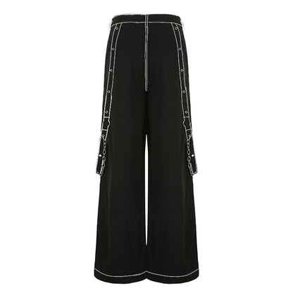 Retro Dark Style Cool Ribbon Chain Casual Pants Contrast Striped Mesh Splicing Wide Leg Pants