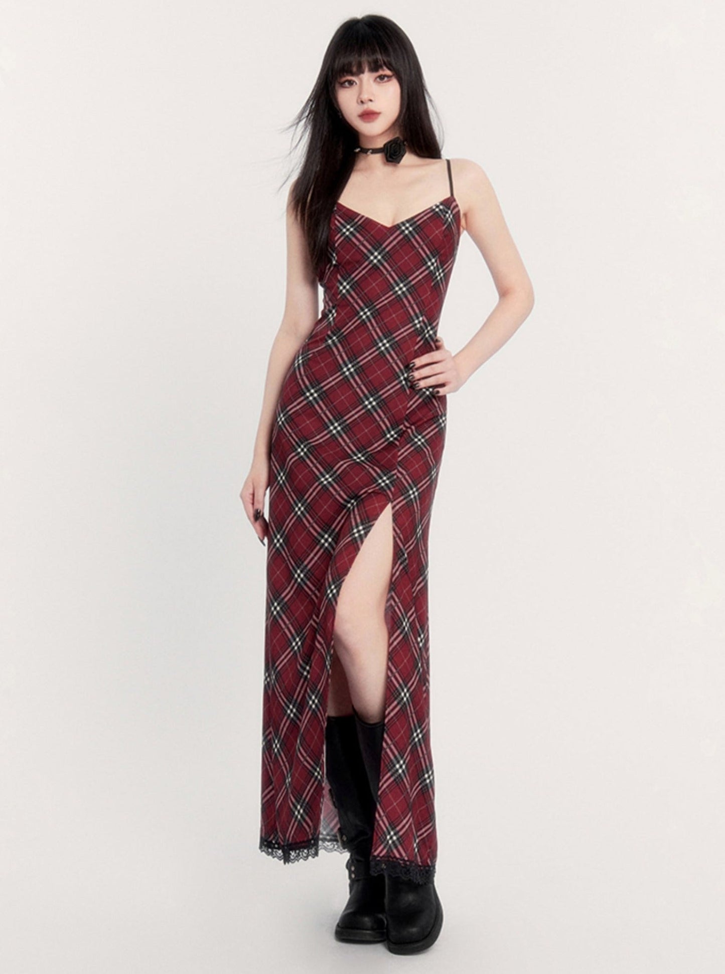 Retro Red Plaid High-end Sling Waist Hip Long Skirt