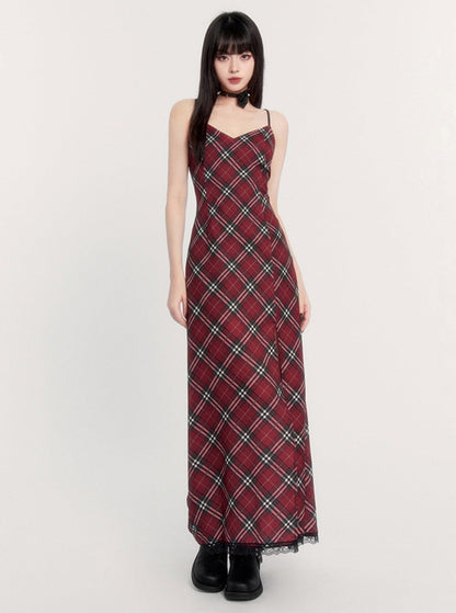 Retro Red Plaid High-end Sling Waist Hip Long Skirt