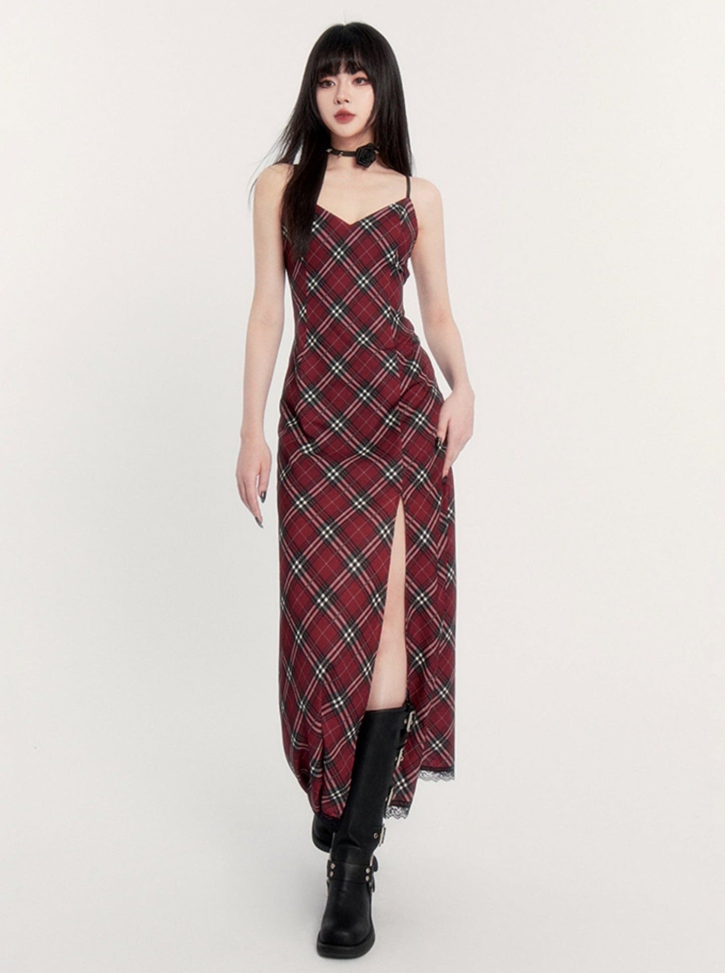 Retro Red Plaid High-end Sling Waist Hip Long Skirt