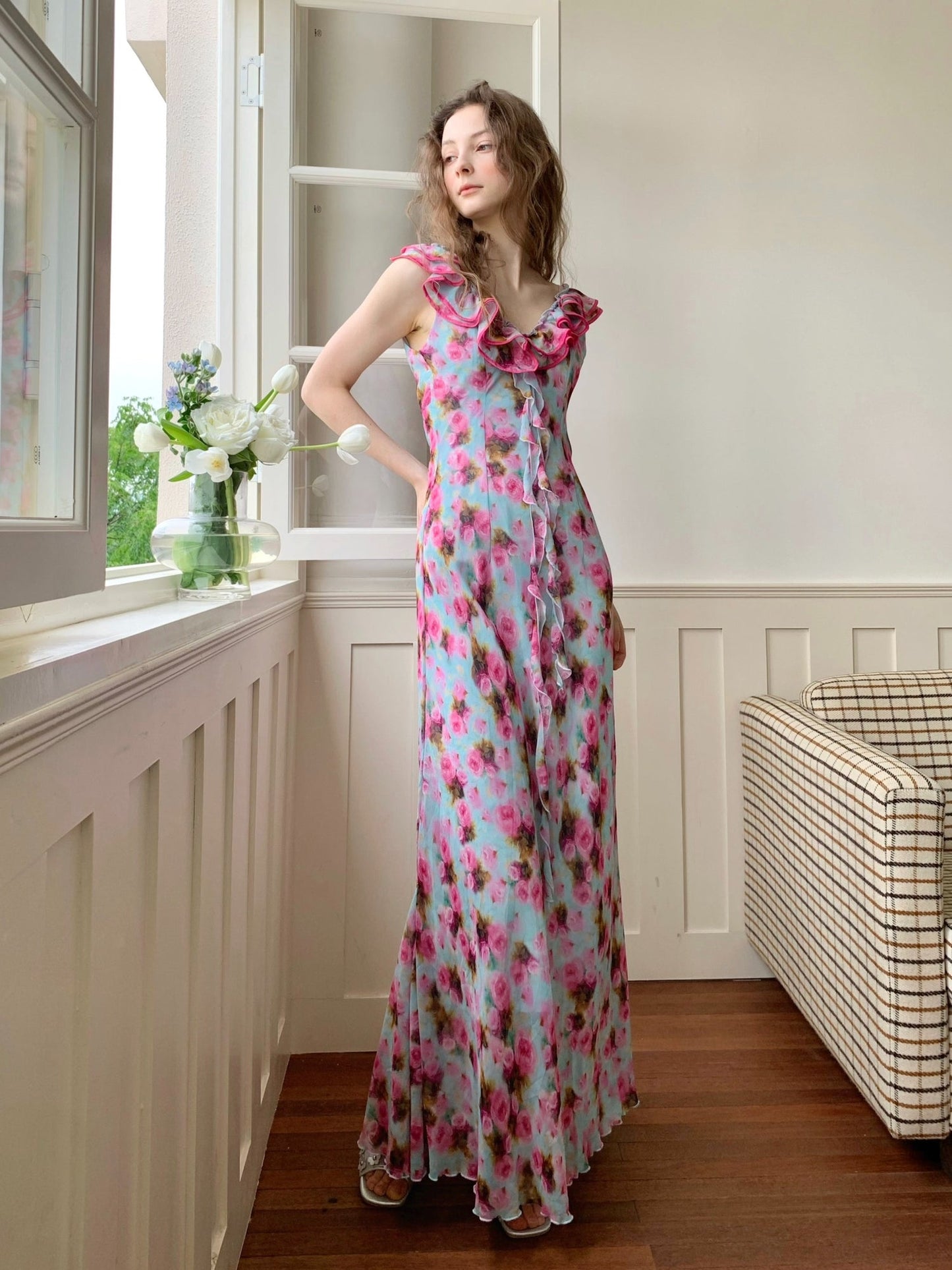 Women's Summer French Design Pink Rose Print Dress