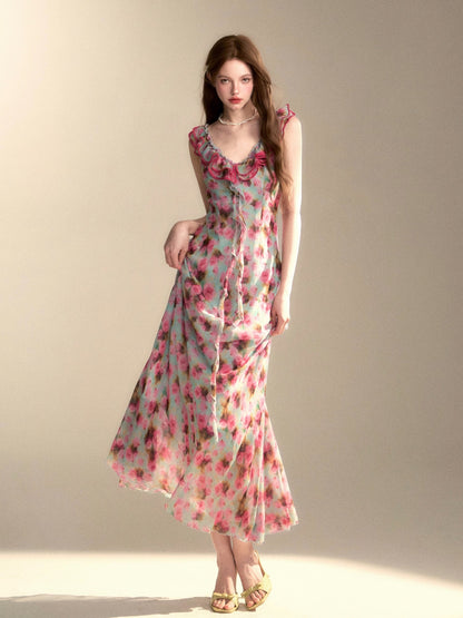 Women's Summer French Design Pink Rose Print Dress