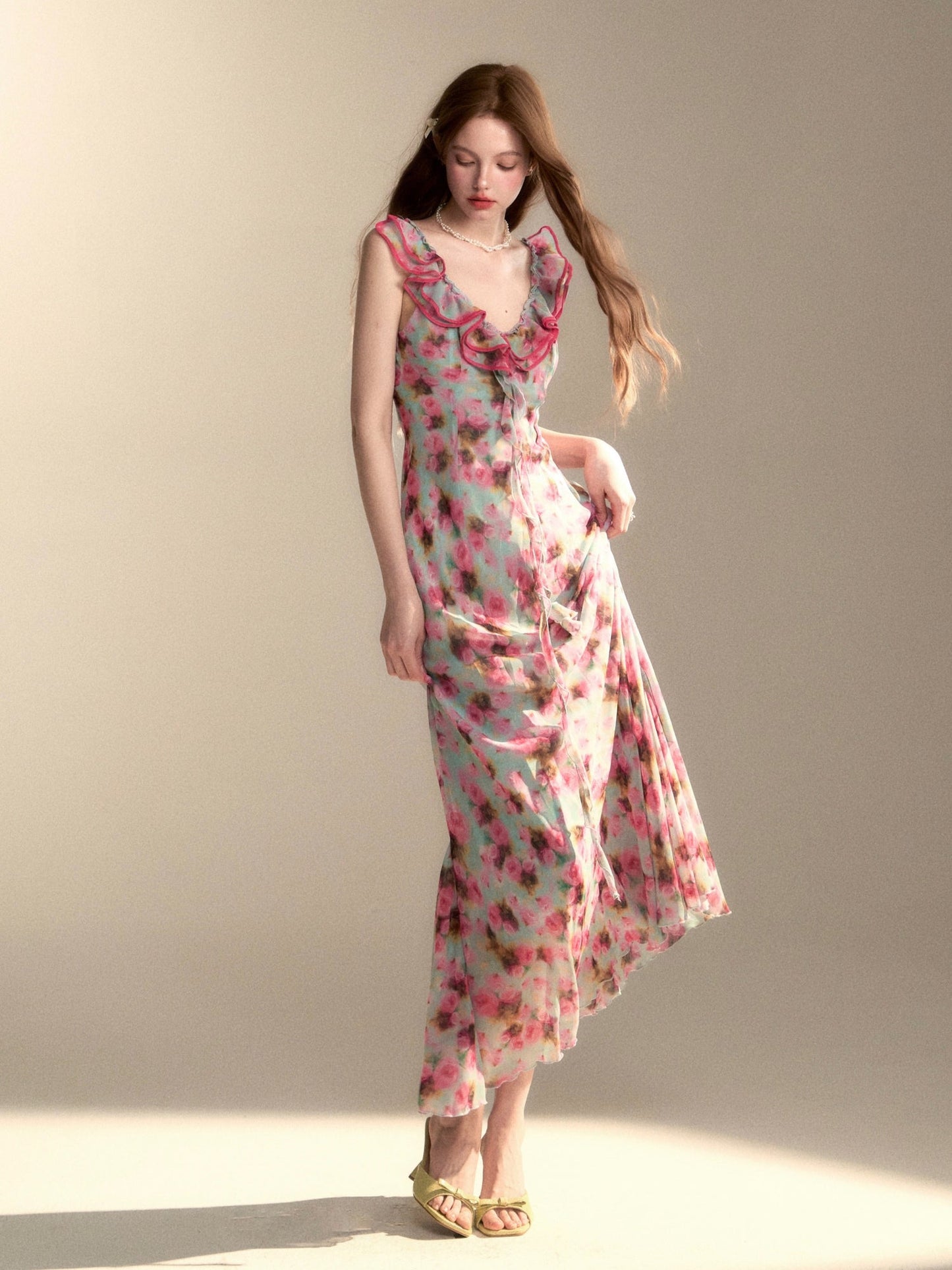 Women's Summer French Design Pink Rose Print Dress