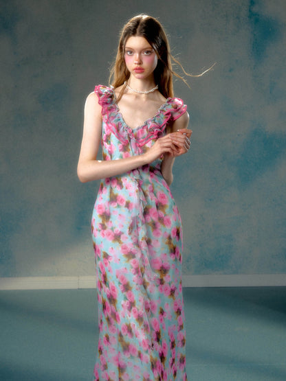 Women's Summer French Design Pink Rose Print Dress