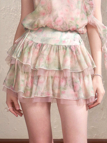 Gentle Style Dreamy Floral Design Sleeveless Halter Neck Chiffon Vest Dress