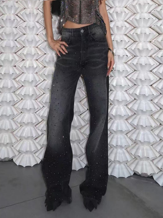 Retro Personality Hot Diamond Distressed Loose Wide-leg Low-rise Jeans