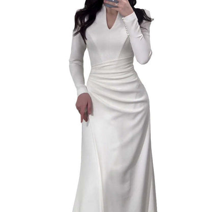 🔥Hot Sale*Solid Color Slim Fit Gentle Style Pleated Long Sleeve Dress