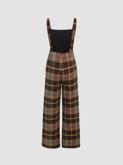 TWEED PLAID BUTTON UP WIDE LEG JUMPSUIT