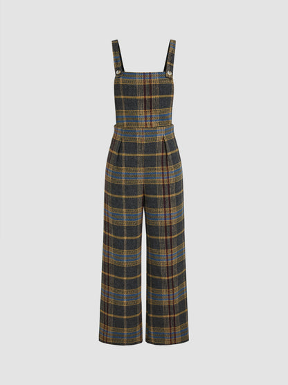 TWEED PLAID BUTTON UP WIDE LEG JUMPSUIT