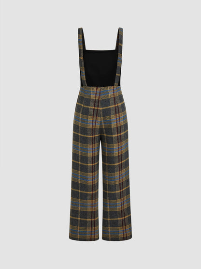 TWEED PLAID BUTTON UP WIDE LEG JUMPSUIT