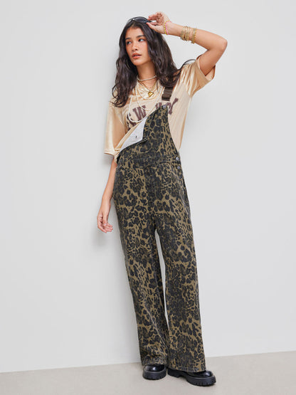 DENIM LEOPARD POCKET BUCKLE UP WIDE LEG OVERSIZED JUMPSUIT