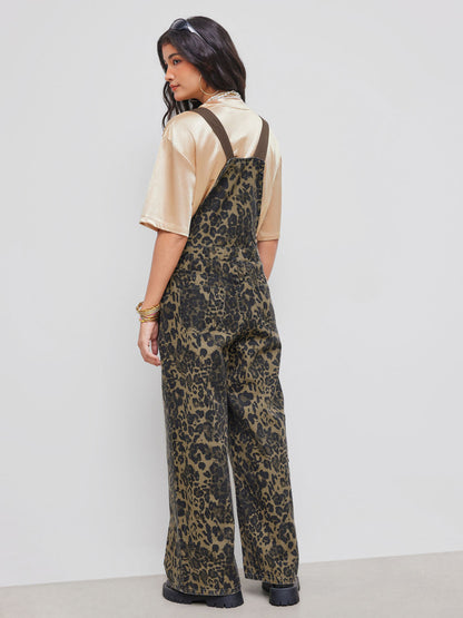 DENIM LEOPARD POCKET BUCKLE UP WIDE LEG OVERSIZED JUMPSUIT